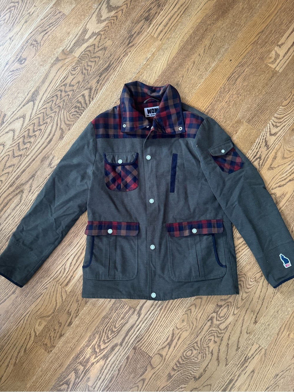 Olive Field Jacket with Red & Navy Plaid Trim